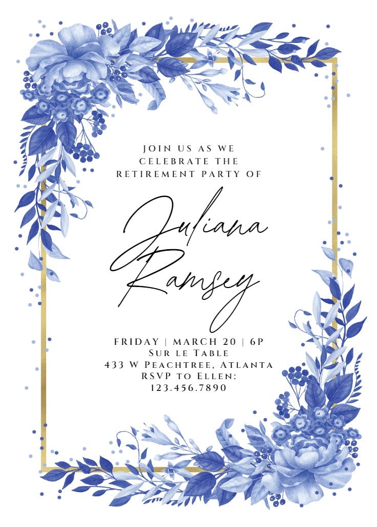 Surreal indigo bouquet - retirement & farewell party invitation